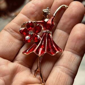 Red Enamel Ballerina Dancer Brooch with Crystal Flower Accent